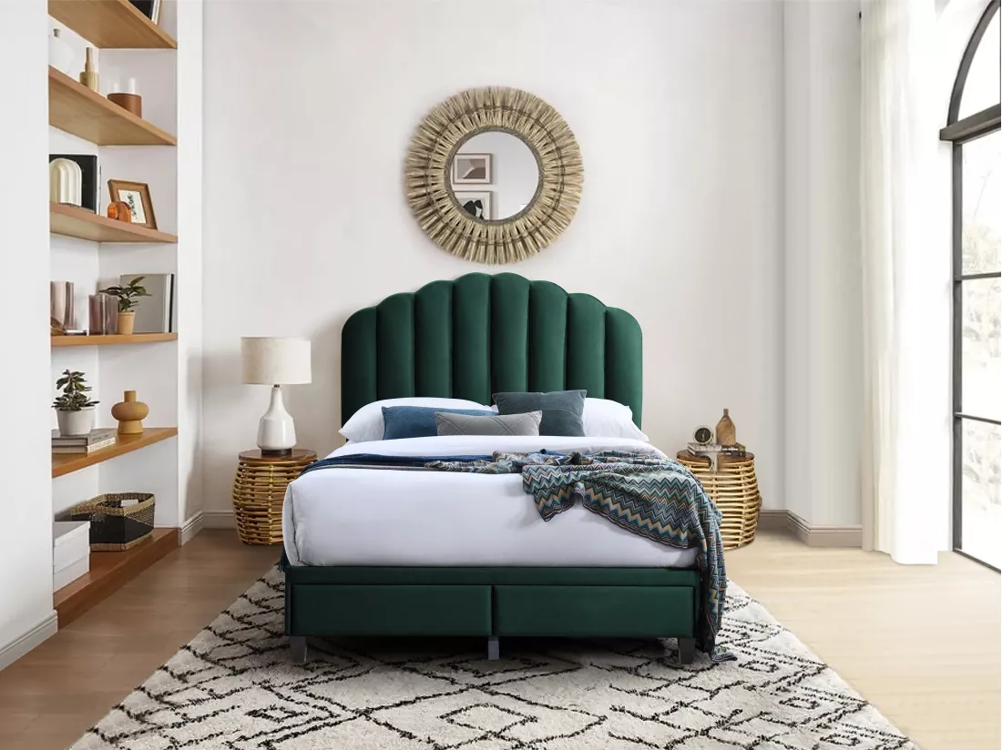 Lit 140 x 190 cm avec tiroirs - Velours - Vert sapin - ILISIO