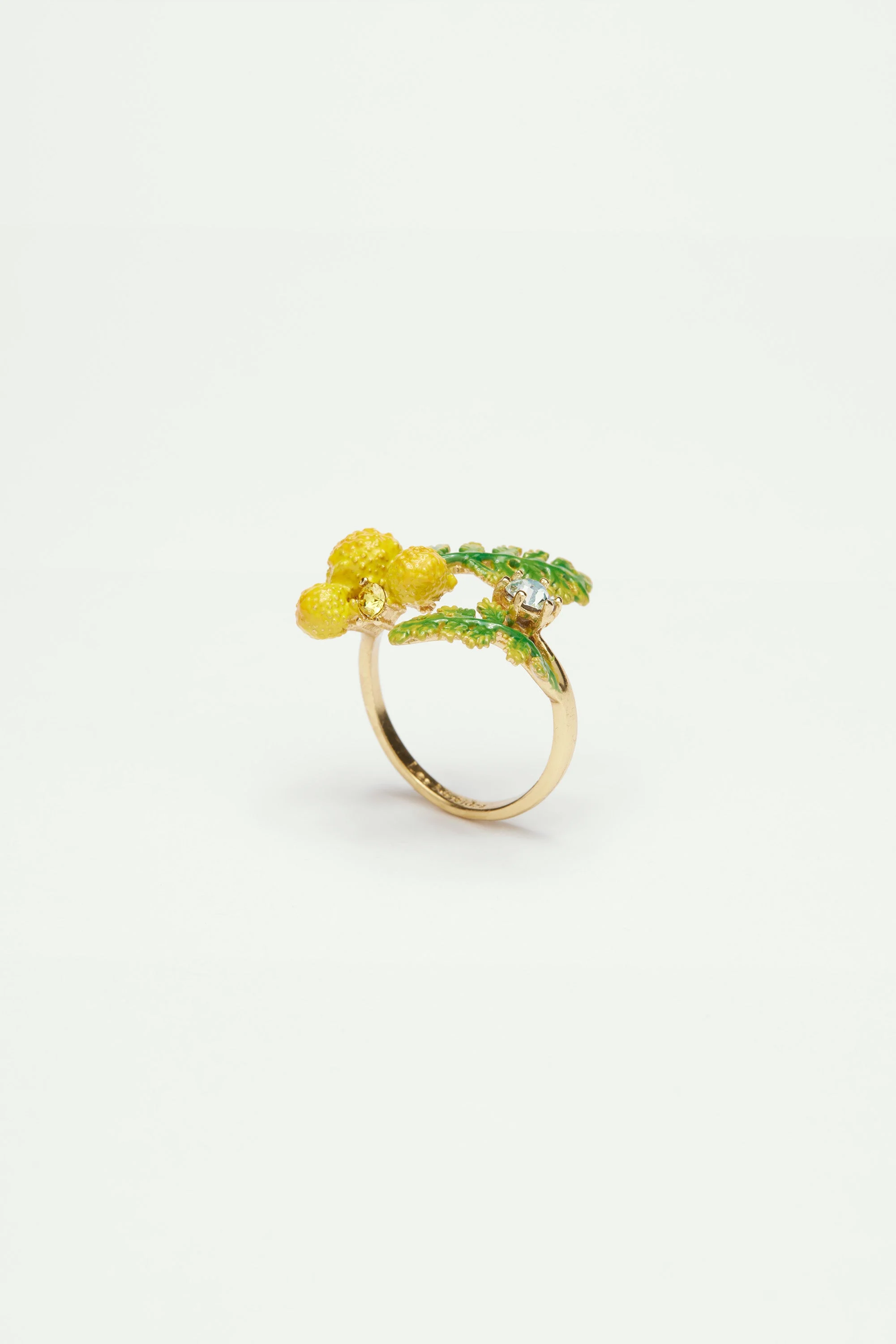 Bague ajustable double fougères et fleurs de mimosa | Jaune
