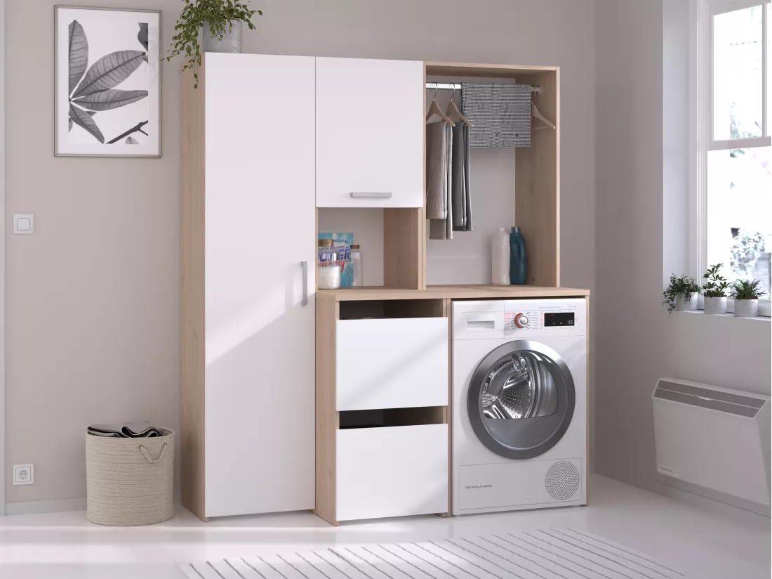 Meuble pour machine à laver avec penderie, placard et colonne de rangement - Naturel clair et blanc - L157 x H184 cm - ERKANO