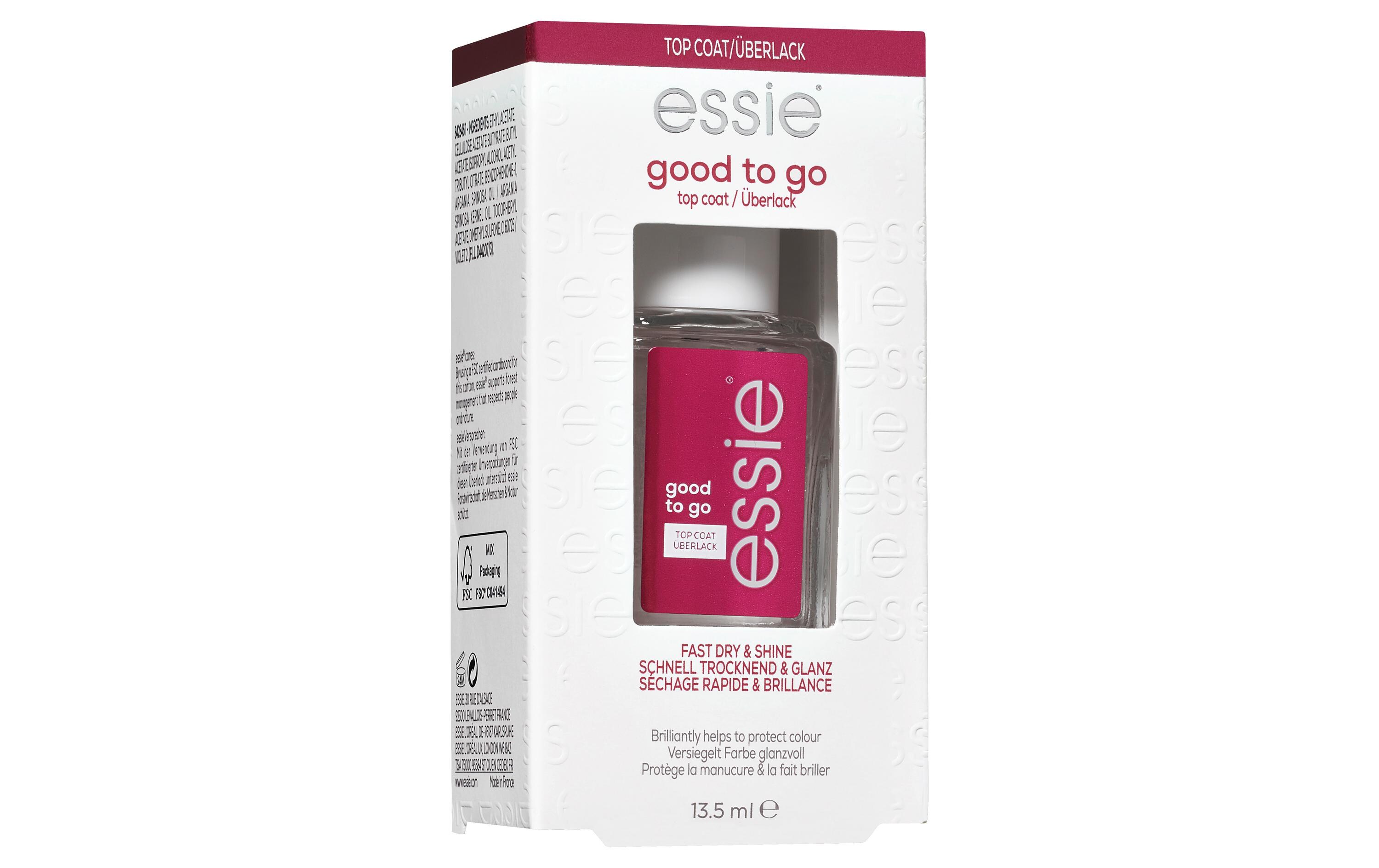 Topcoat Essie Überlack Good to Go TransparentSchnelles Trocknen und Glanz. Die schnell trocknende Formel des Überlacks versiegelt die Farbe und sorgt für ein glänzendes Finish.
