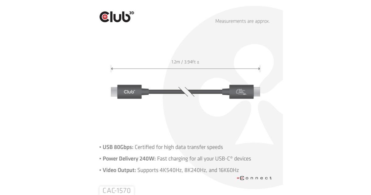 Club 3DUSB-C 80Gbps Certified 240W 8k 240Hz kabel  (Zwart, 1.2m)