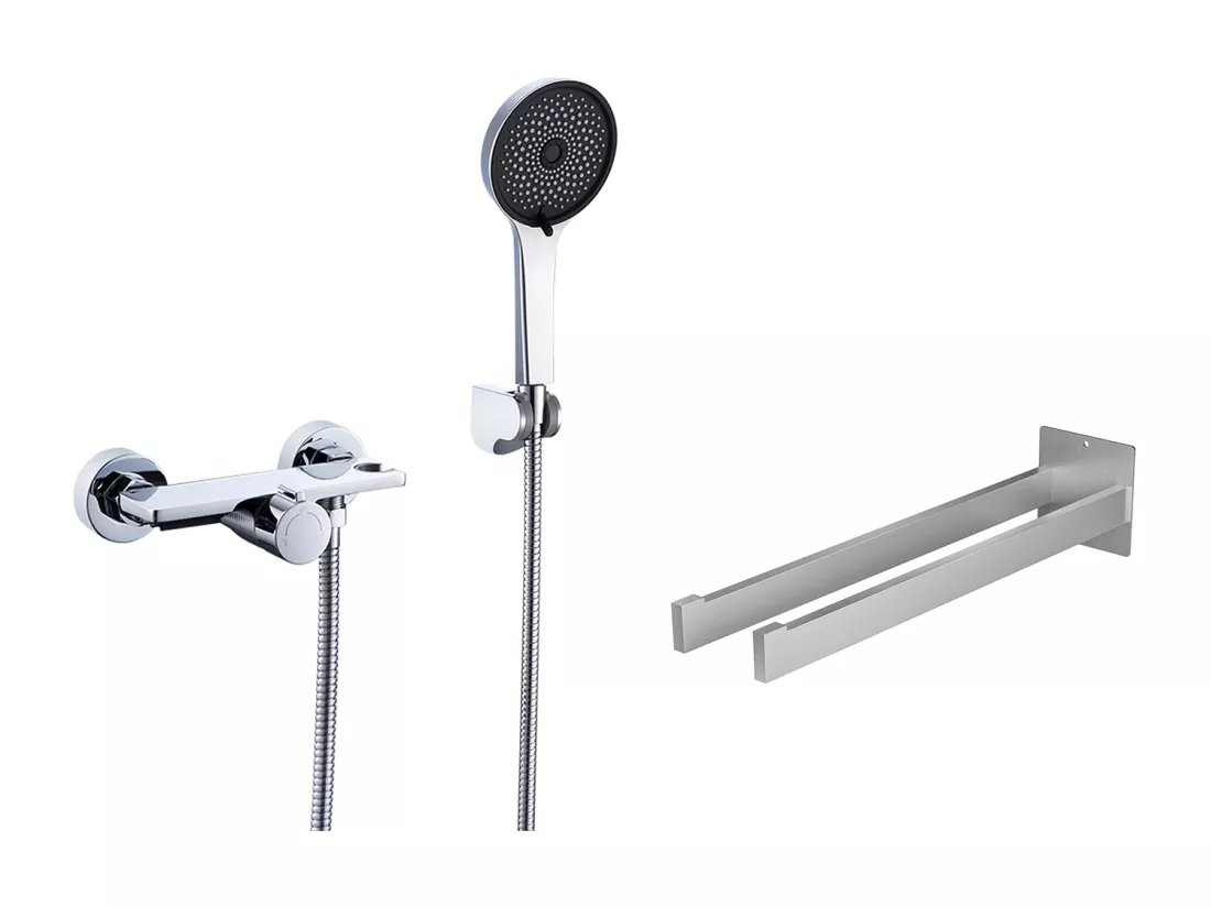 Robinet Baignoire Cascade Auralum MAX,Chromé,avec Douchette 5 Fonction,Mitigeur en Laiton+Porte Serviette Salle Bain Adhésif/Perçage,Brossé