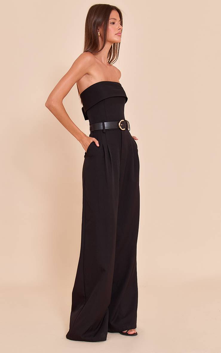 Noir Combinaison-pantalon Large À Bandeau Ceinturée En Tissu Tissé