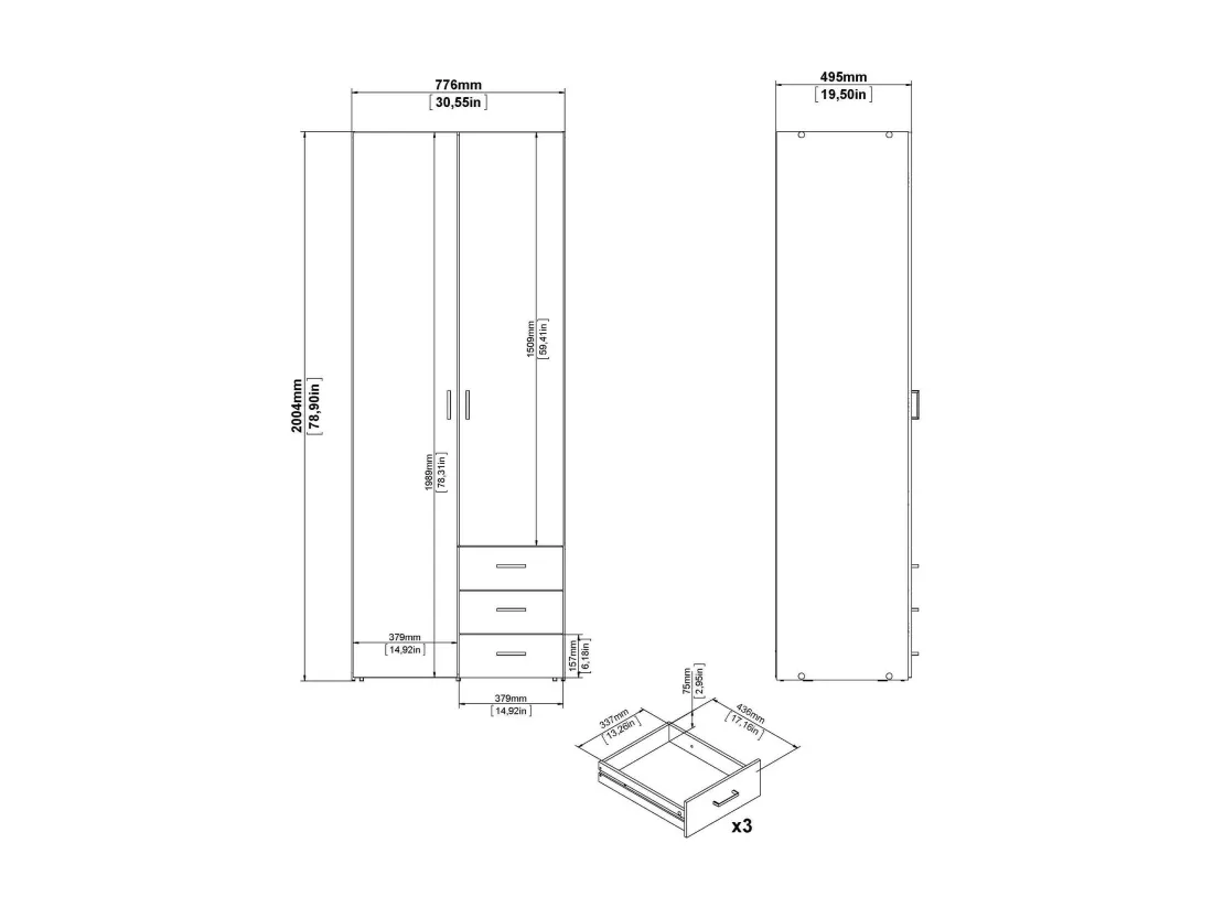 Garde-robe 2 portes Dscaratt, Meubles de chambre, Penderie de plain-pied, Placard à vêtements, 78x50 h200 cm, Blanc