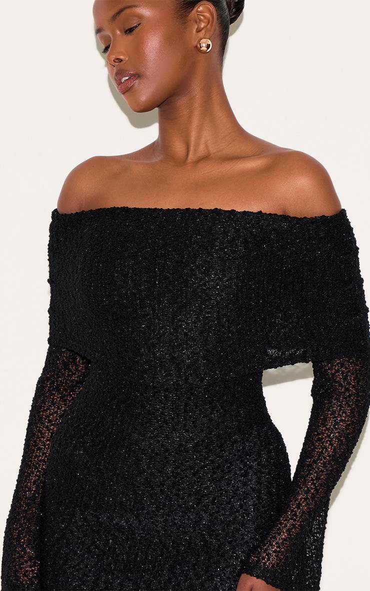 Noir Robe Courte Texturée À Épaules Dénudées Et Manches Évasées Longues