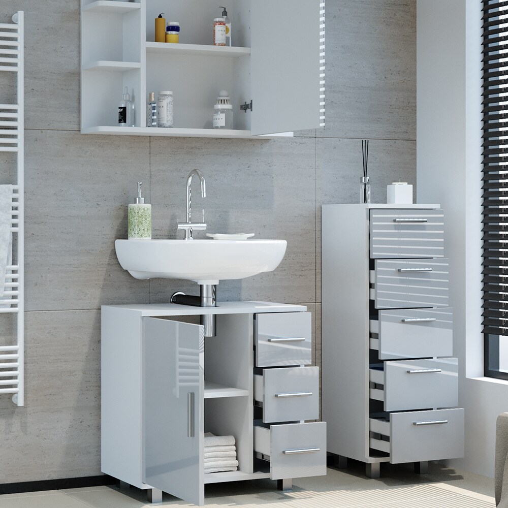 Vicco Badmöbelset Ilias Weiß Hochglanz modern Badezimmer Schrank Badschrank Waschtischunterschrank Spiegelschrank Midischrank Schranktür Schrankschublade Schrankfach Ablage Aufbewahrung