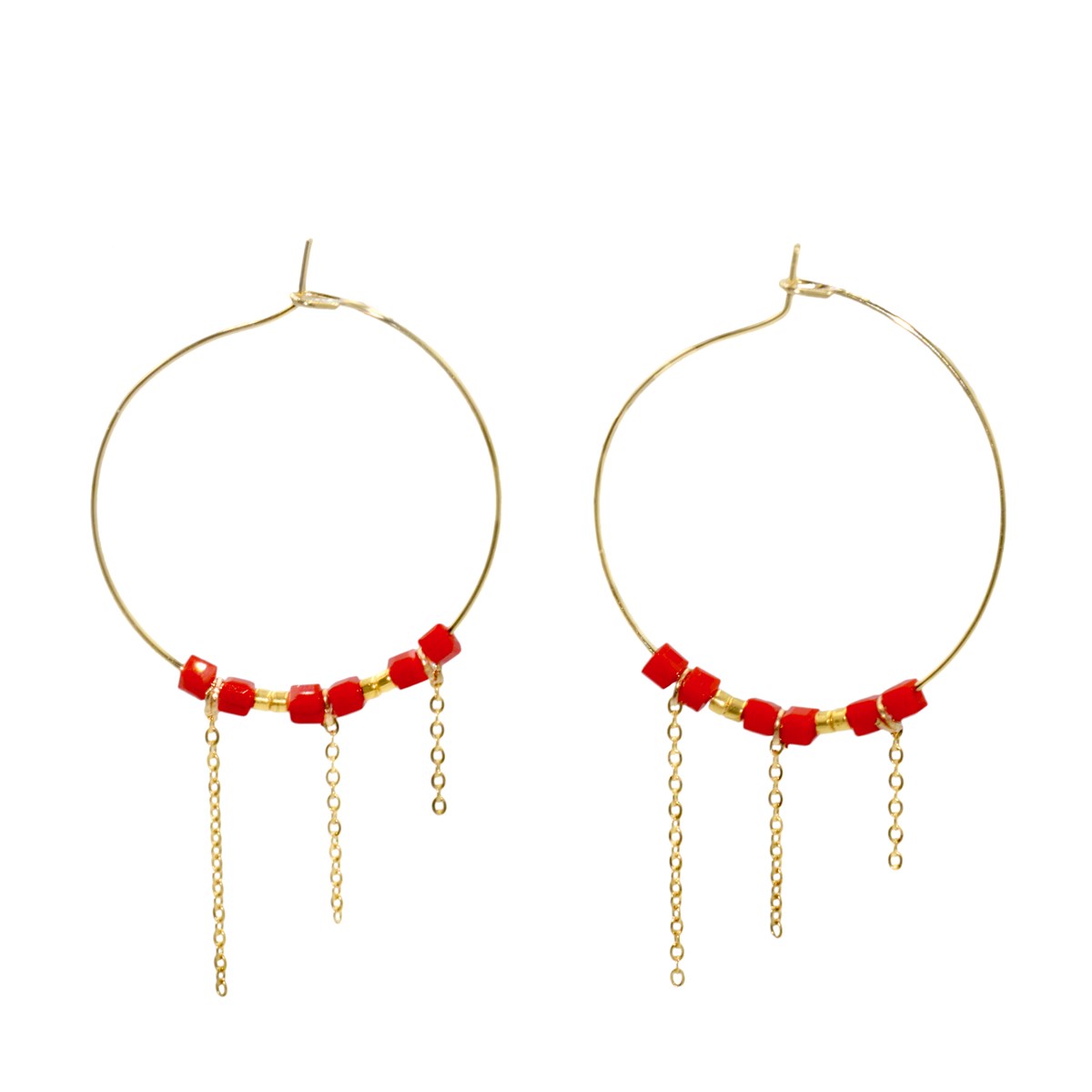 Boucles d'oreilles créoles perles de crystal et chaîne - Doré à l'or fin