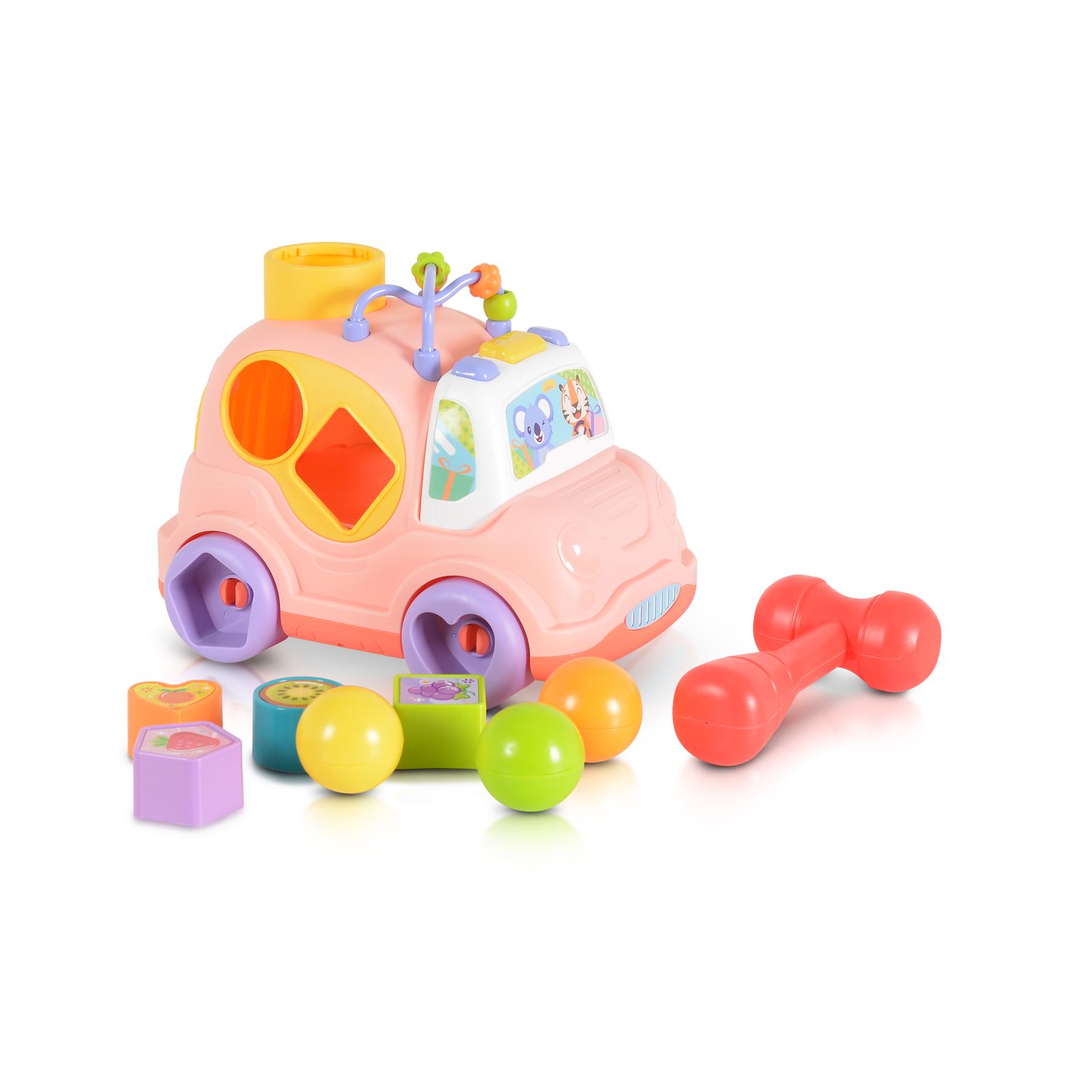 Moni Sortierspiel Auto, Musik Licht, 4 Formen, Hammer, Motorikschleife, 3 Bälle rosa