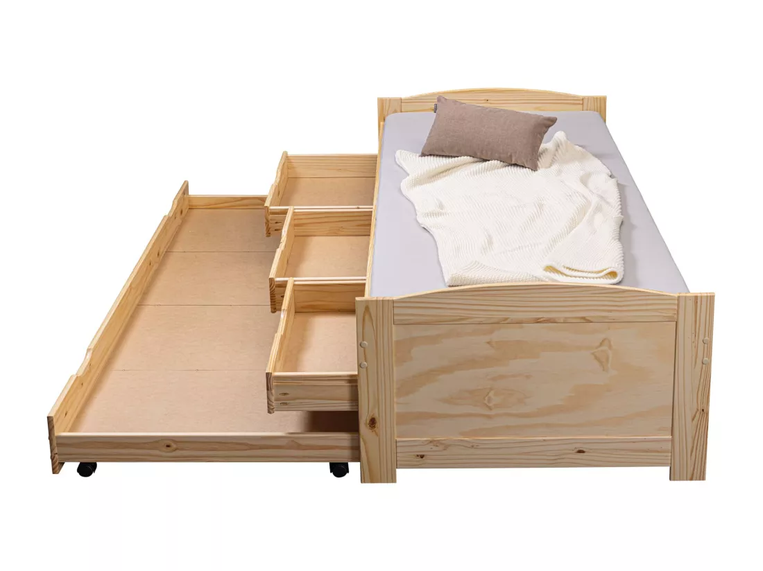 Lit gigogne 3 tiroirs en bois massif imitation chêne clair 90x200 - LT12006