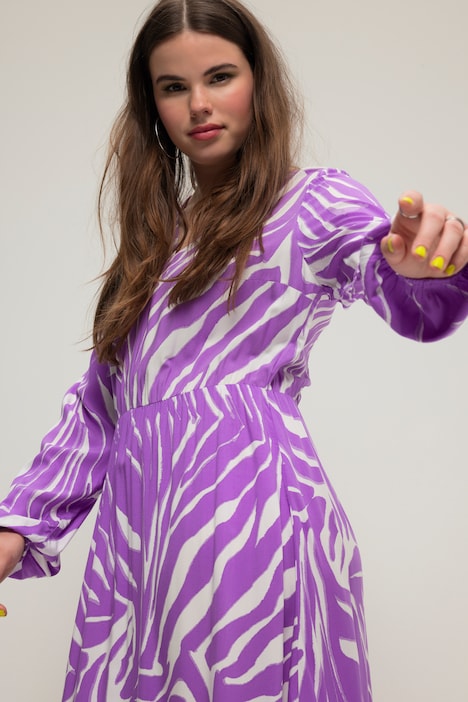 Midikleid, A-Line, Zebra-Print, V-Ausschnitt, Langarm