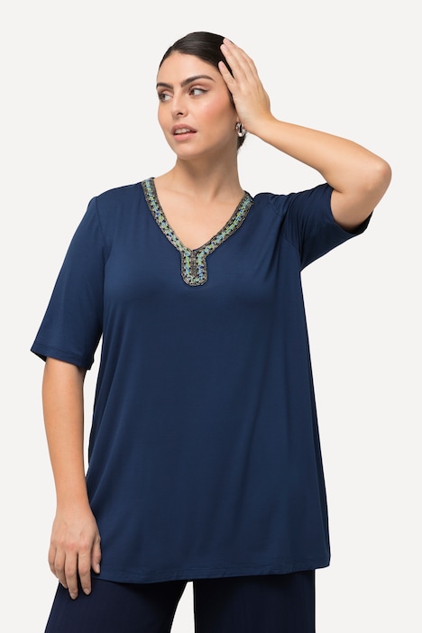 T-Shirt, Perlen, A-Linie, Tunika-Ausschnitt, Halbarm