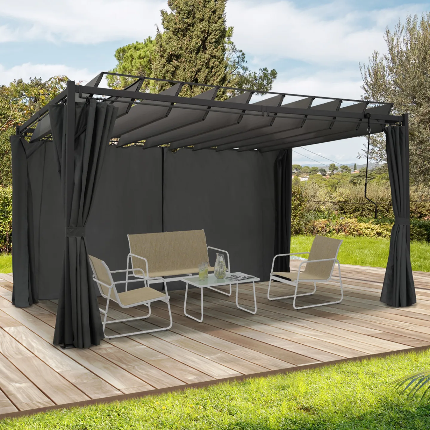 Pergola édition suprem lames orientables 3x4 M et 4 rideaux gris anthracite