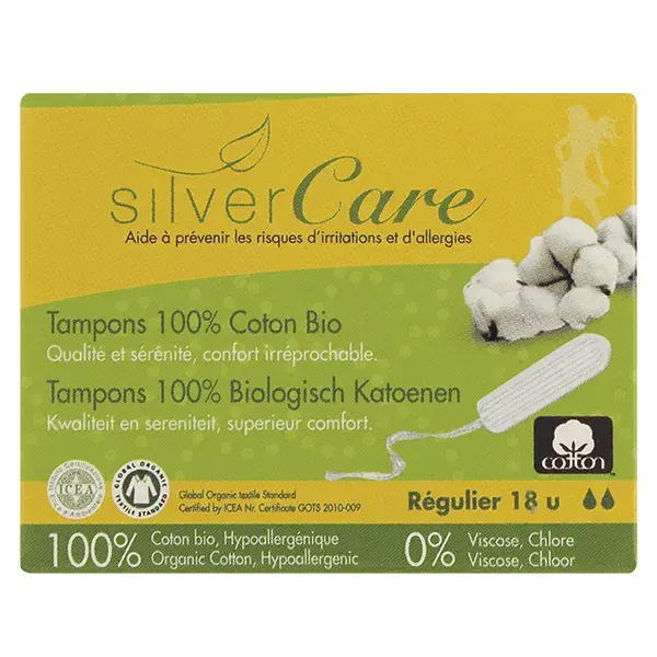 Tampões de algodão orgânico Silver Care Regular, 18 unidades