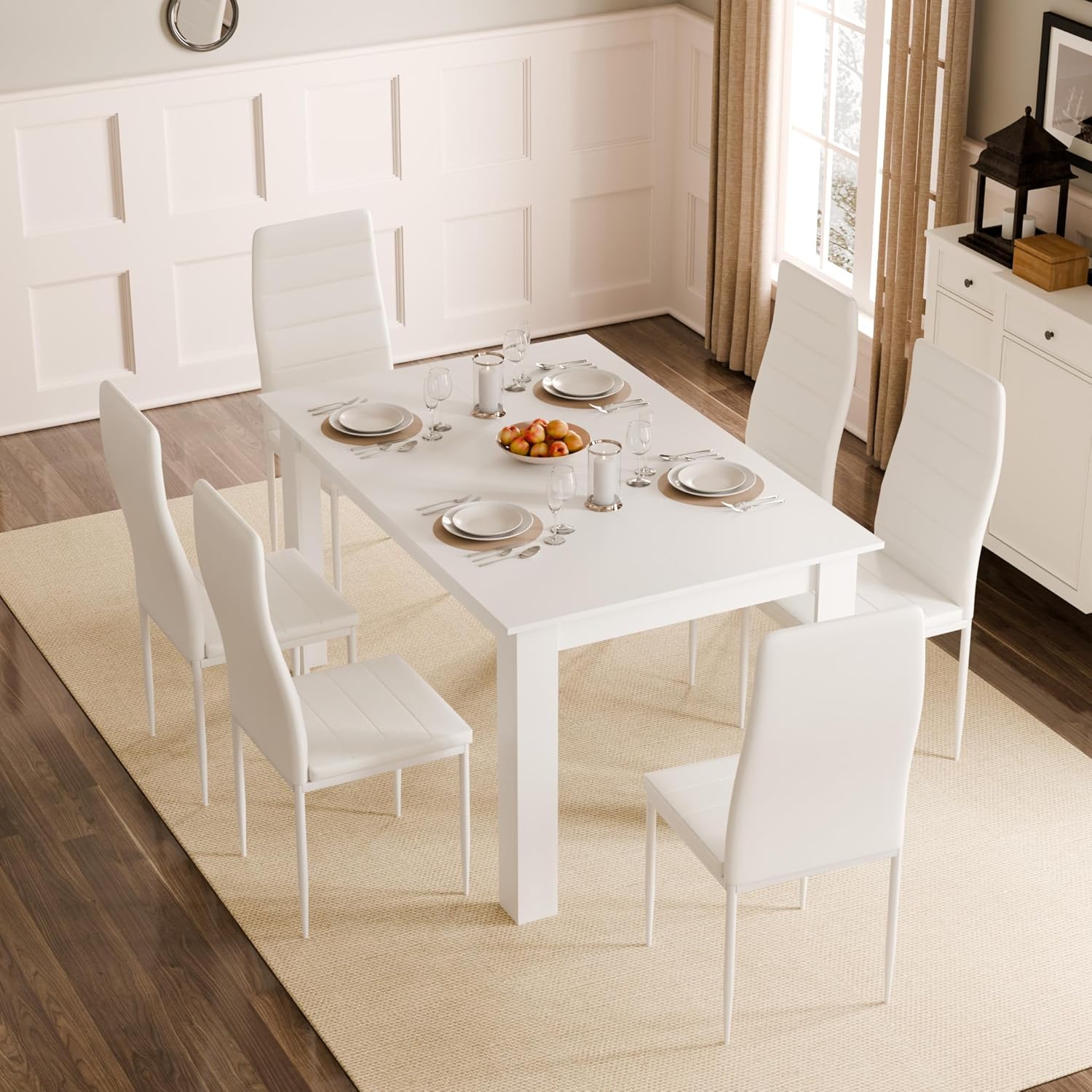 Mondeer Esstisch mit 6 Stühlen Set, Essgruppe mit Hochlehner Kunstleder Stuhl für Küche Esszimmer Wohnzimmer, W138 x D90 x H75 cm, Weiß