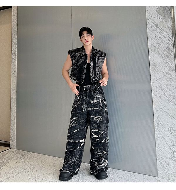 Freehop - Set: Gestreept denim vest met kraag en knopen + rechte jeans met middelhoge taille