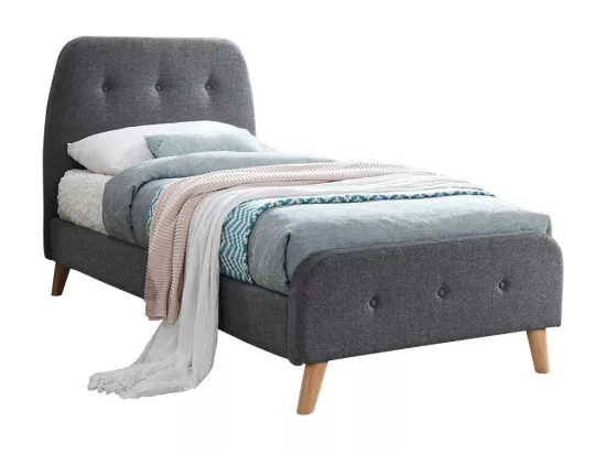 Lit ROMEO tête de lit capitonnée - 90 x 190 cm - Tissu gris