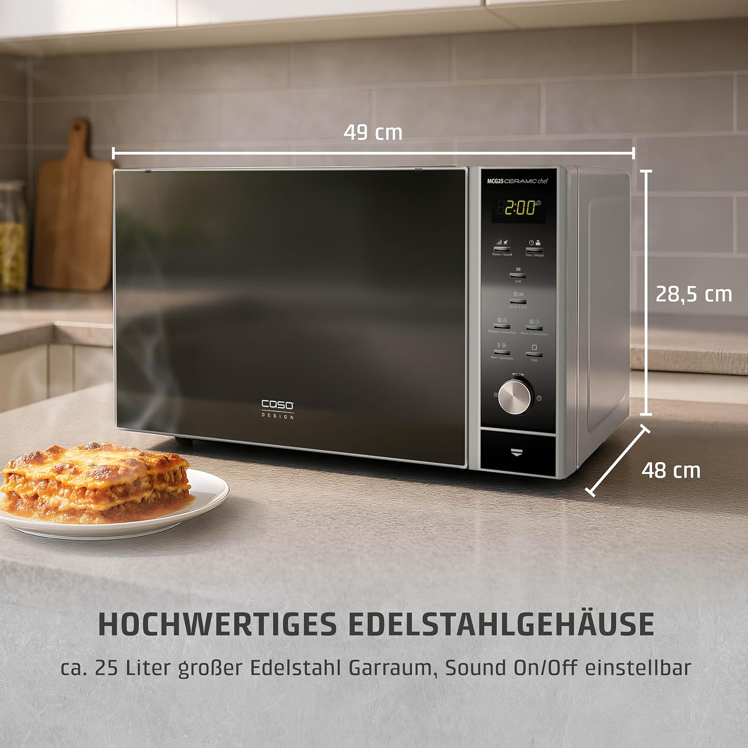 CASO | MCG25 Ceramic chef 3in1 Mikrowelle mit Grill und Heißluft 2050W |Borosilikatglasboden, Grill-Rost für 2 Ebenen, 110-200°C, 25 L, Edelstahl verspiegelt, Silber