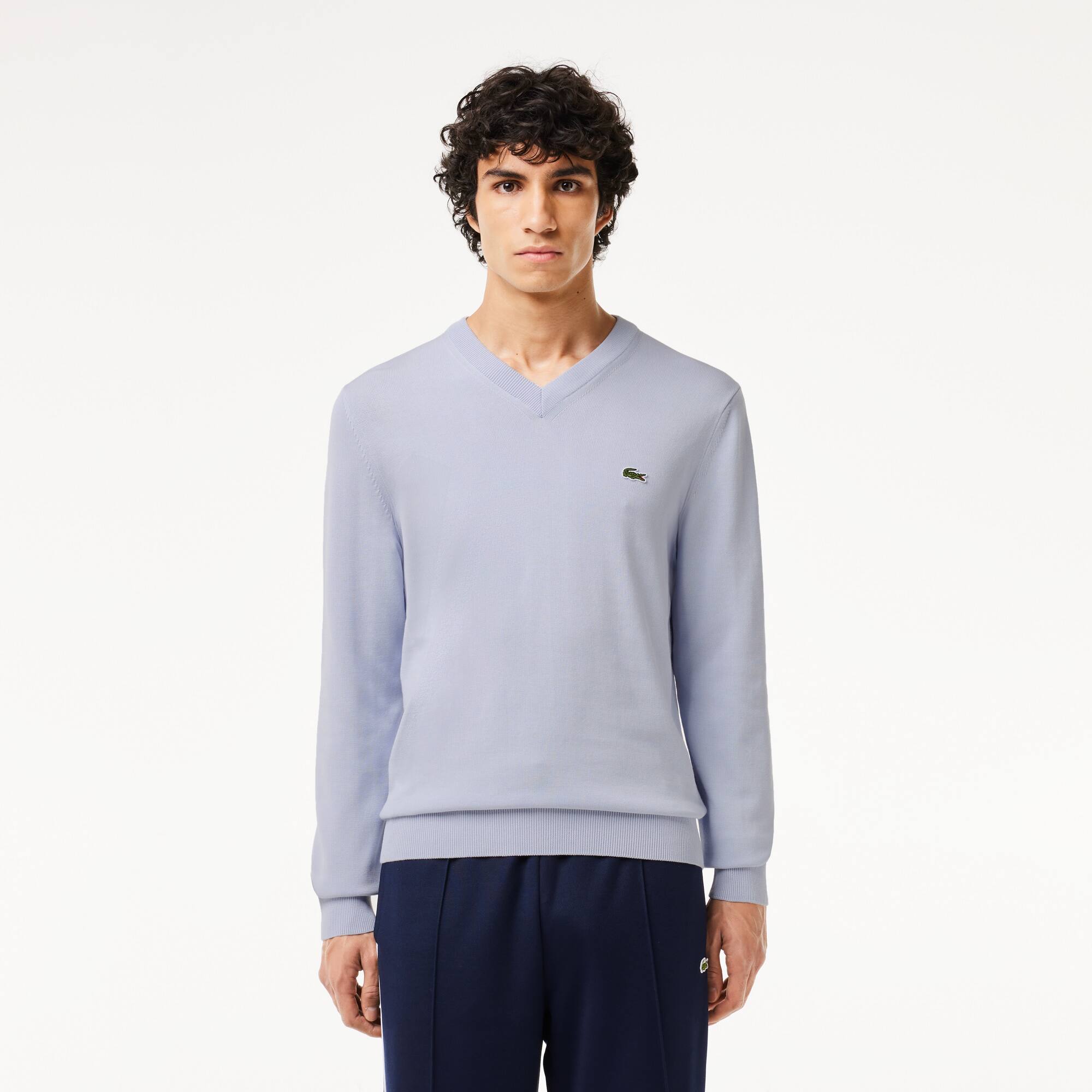Pull à col V en coton biologique uni Pullovers - Bleu - Lacoste - Homme