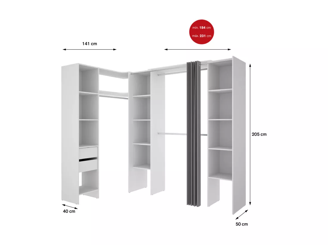 Grande Garde-robe Dmacintyr, Meubles de chambre, Penderie de plain-pied, Placard à vêtements, 234x141 h205 cm, Blanc