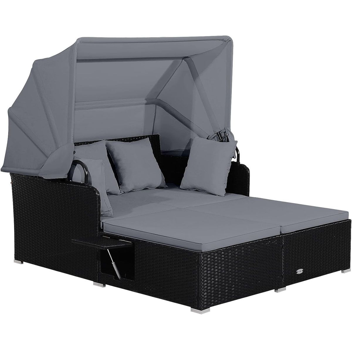 Chaise Longue à 2 Places en Rotin avec Auvent Rétractable Bain de Soleil avec Panneaux Latéraux Pliables Charge 360KG Beige/Gris - Lidl-Manfred