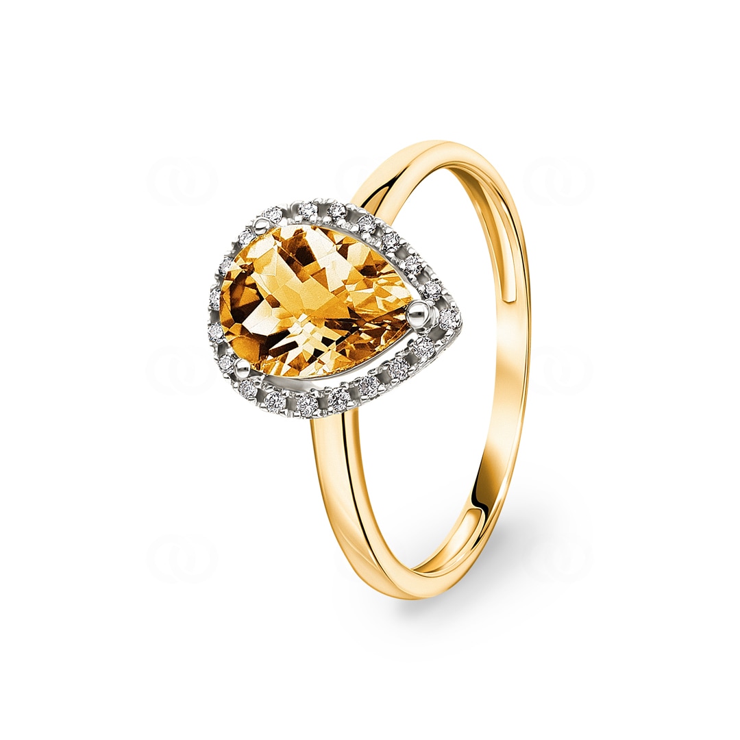 Damenring 750/18 K Gelbgold mit Citrin Tropfen und Diamanten 0.06 ct H/si