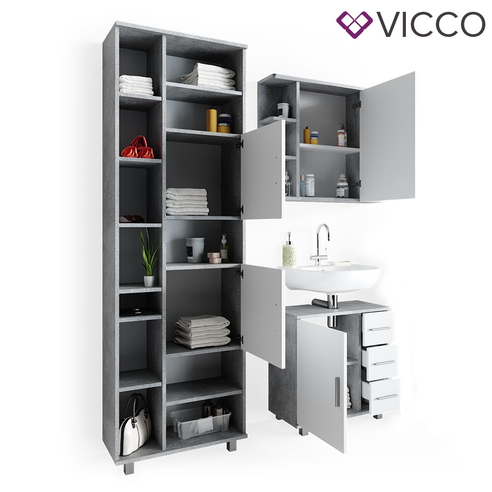 VICCO Badmöbel Set ILIAS Weiß Beton Bad Spiegel Kommode Unterschrank Badschrank