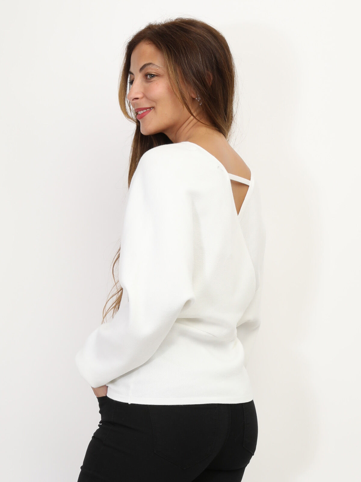 Pull en maille à col cache coeur- Blanc