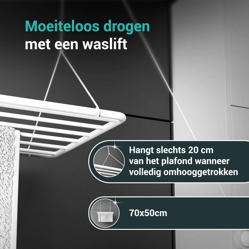 Erica - Wanddroogrek - Wit - 70x50cm - Inklapbaar - 5,6 Meter Drooglengte - Staal met PVC-vrije Coating