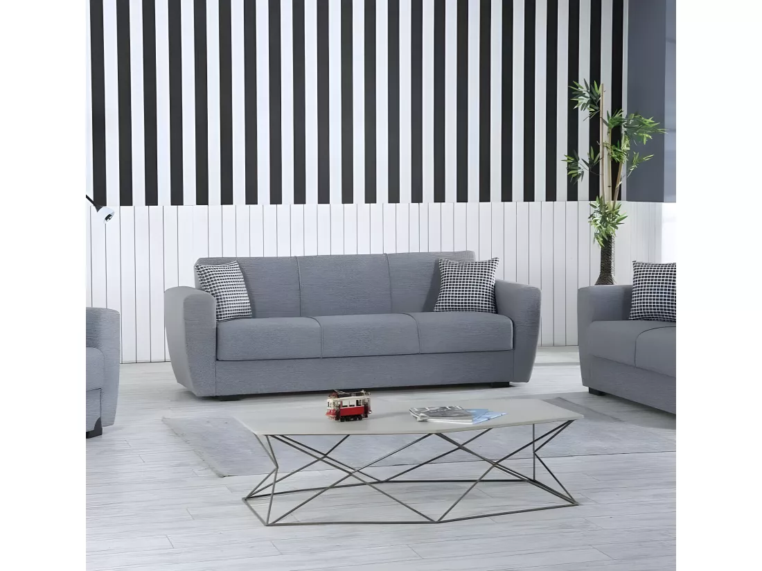 Canapé Escobar, Canapé conteneur 3 places linéaire, Canapé de salon en tissu rembourré avec ouverture clic-clac, 223x84xh80 cm, Gris