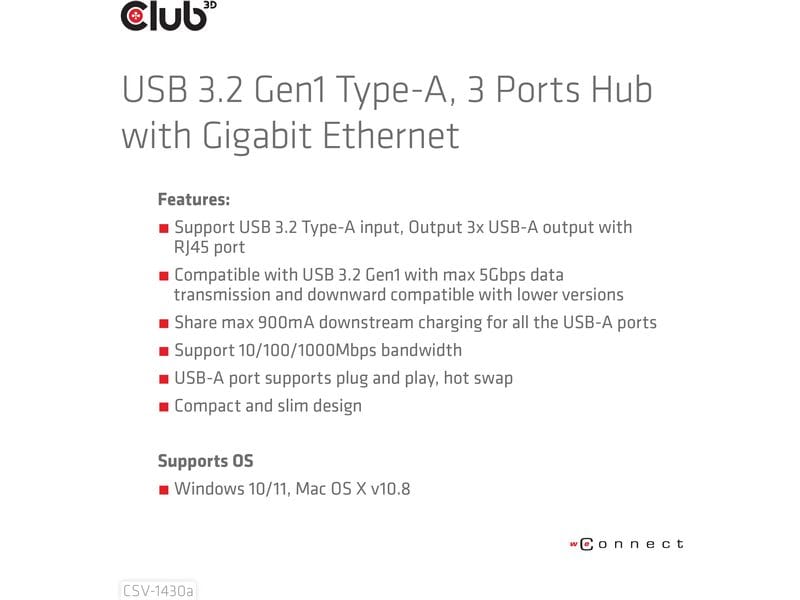 Club 3D USB-Hub CSV-1430a 3 Ports Hub mit Gigabit Ethernet