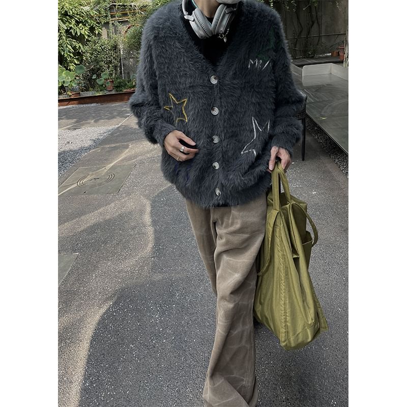 Double White - Lange mouw V-hals sterrenprint harige losse cardigan