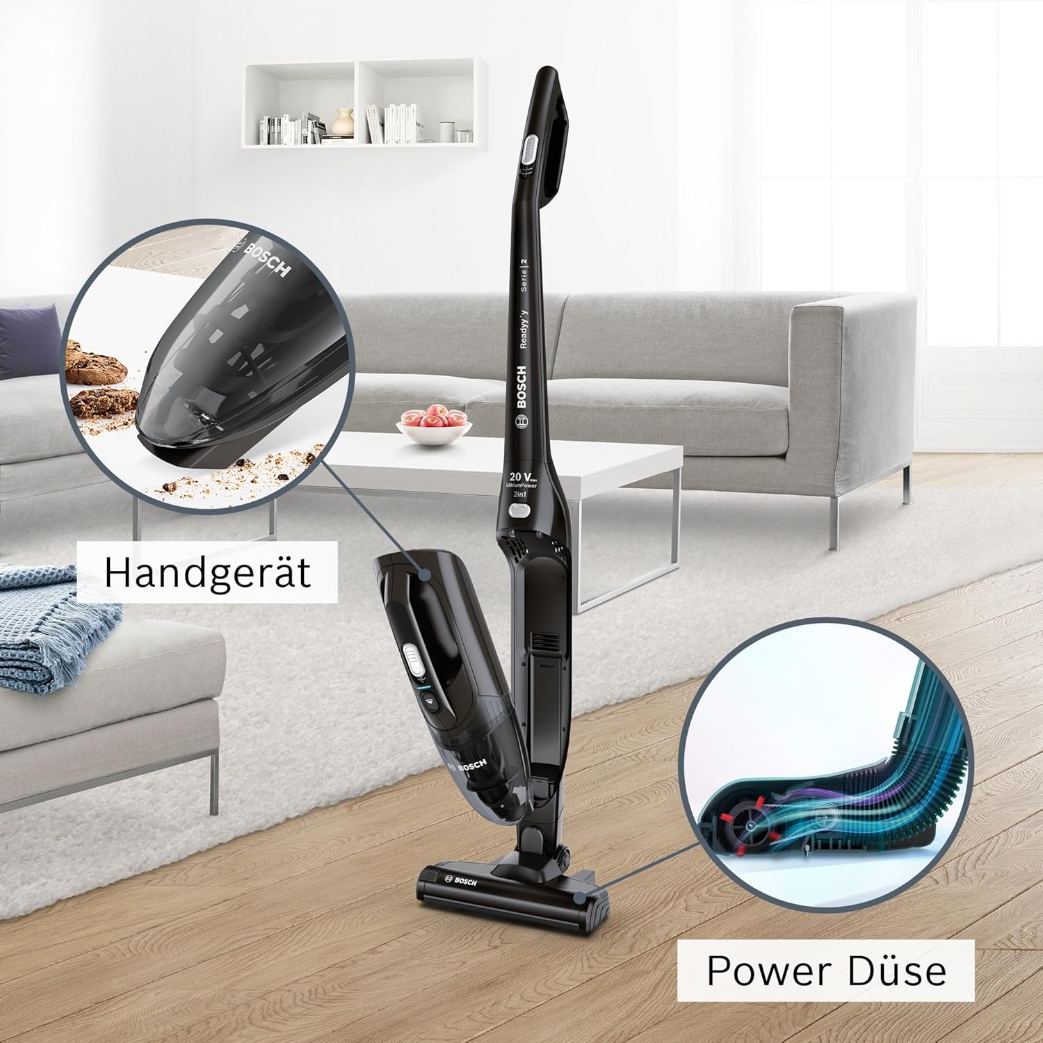 Bosch Akku-Staubsauger Readyy'y 2in1 Serie 2, 20Vmax, kabellos, beutellos, abnehmbares Handgerät, hohe Saugkraft, Lange Laufzeit, 2 Stufen, freistehend, schwarz, BBHF220