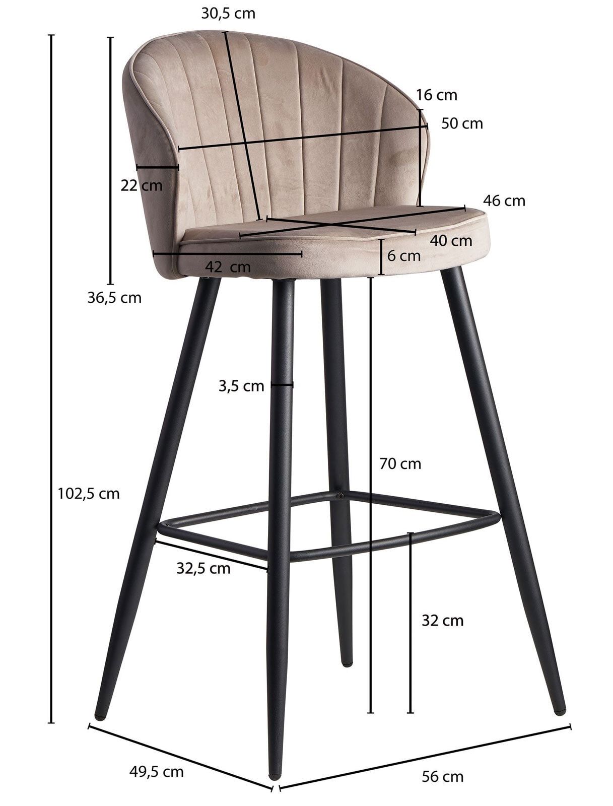 Barhocker mit Rückenlehne schwarz/ beige Samt