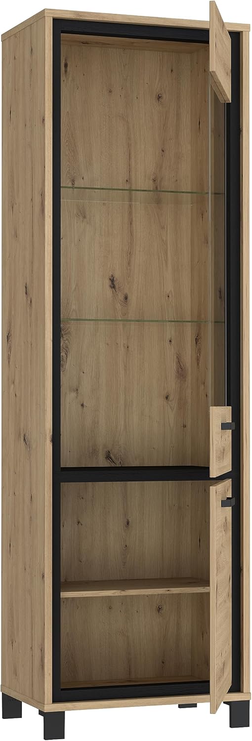 FORTE Trondheim Vitrine mit 2 Türen, Holzwerkstoff, Artisan Eiche kombiniert mit Schwarz Eiche, 64,4 x 209 x 41,5 cm