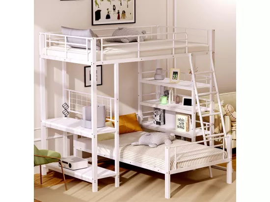 Lit superposé, cadre en métal, lit en mezzanine, 90*200, lit multifonctionnel avec plusieurs compartiments de rangement, blanc