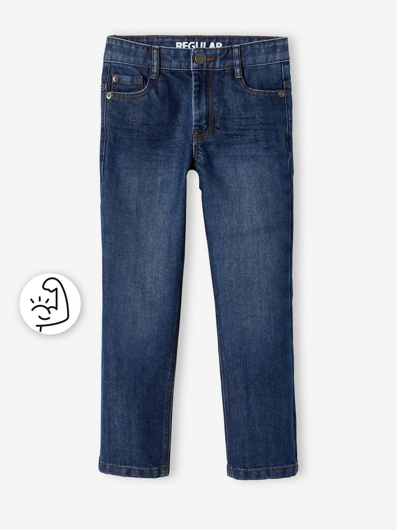 Calça jeans reta indestrutível para meninos, lavagem azul escura