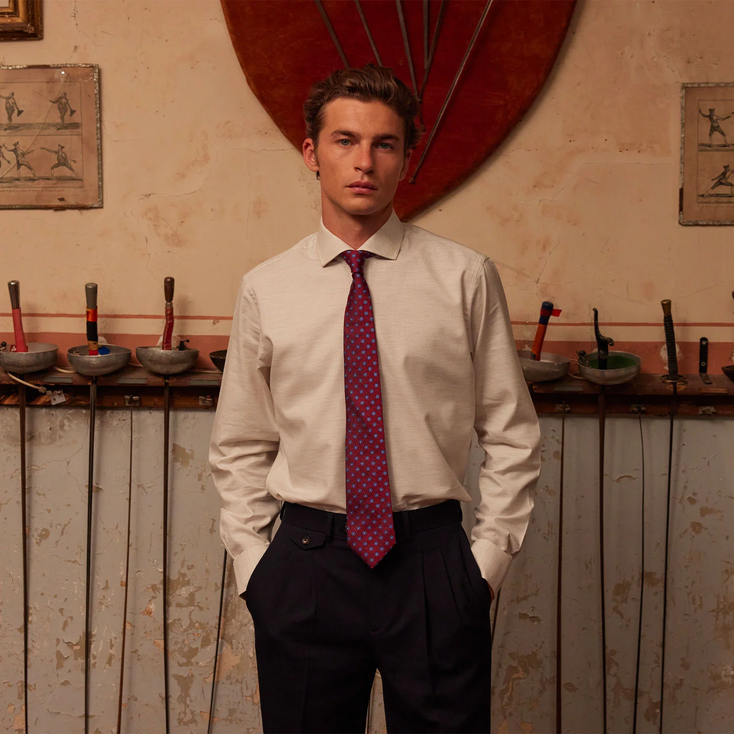 Burgundy tie with floral patterns