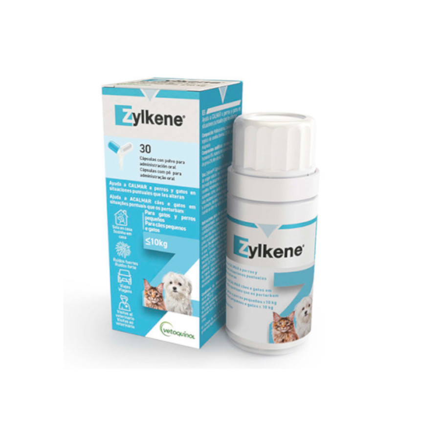Vetoquinol Zylkene, suplemento calmante natural em cápsulas para cães e gatos.