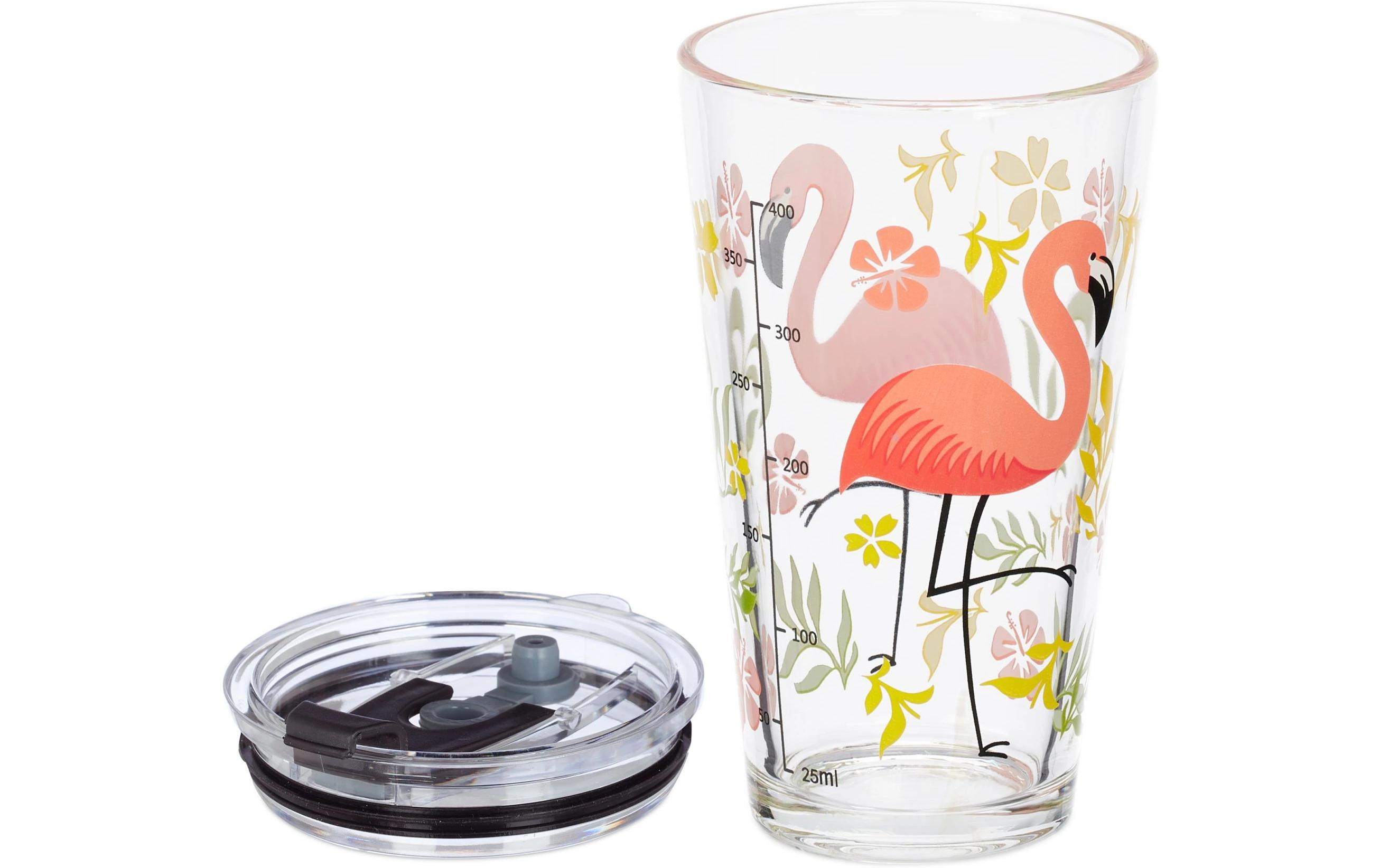 Trinkglas Flamingo 4 Stück, 450 mlGlas mit Deckel und Strohhalm
