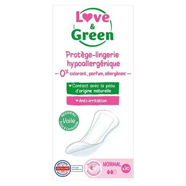 Protetores diários hipoalergênicos Love & Green, tamanho normal, pacote com 30 unidades