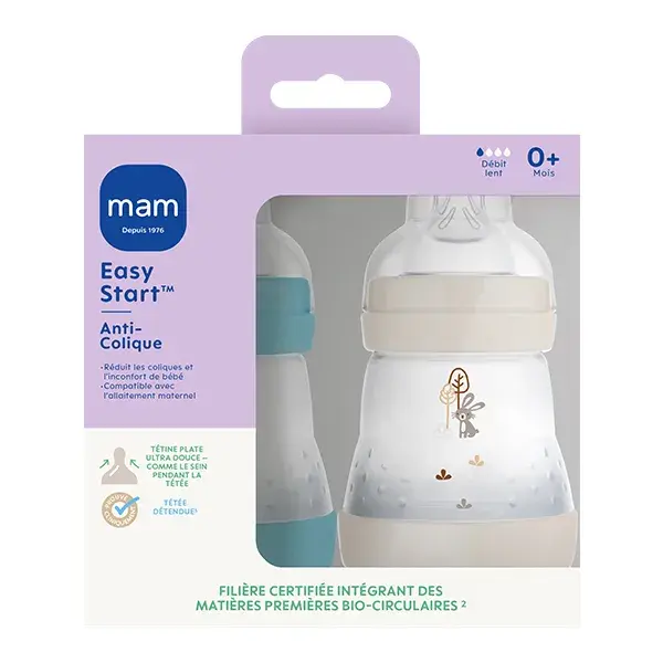 Mam Biberon Easy Start Anti-Colique Océan + Sable Tétine Débit 1 2 x 160ml
