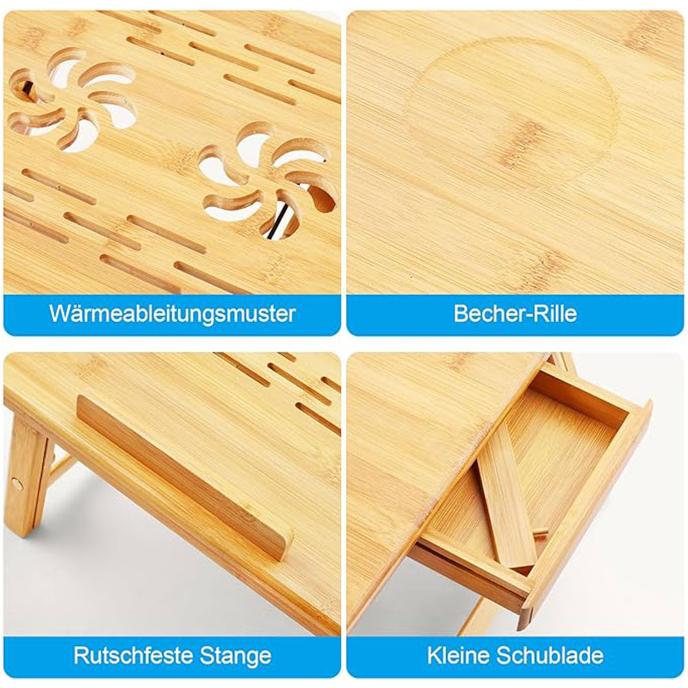 Verstellbarer Bambus Laptopständer Betttisch mit Mausablage und Aufbewahrungsschublade für Macbook / Laptop und Tablet (54x33x5cm)