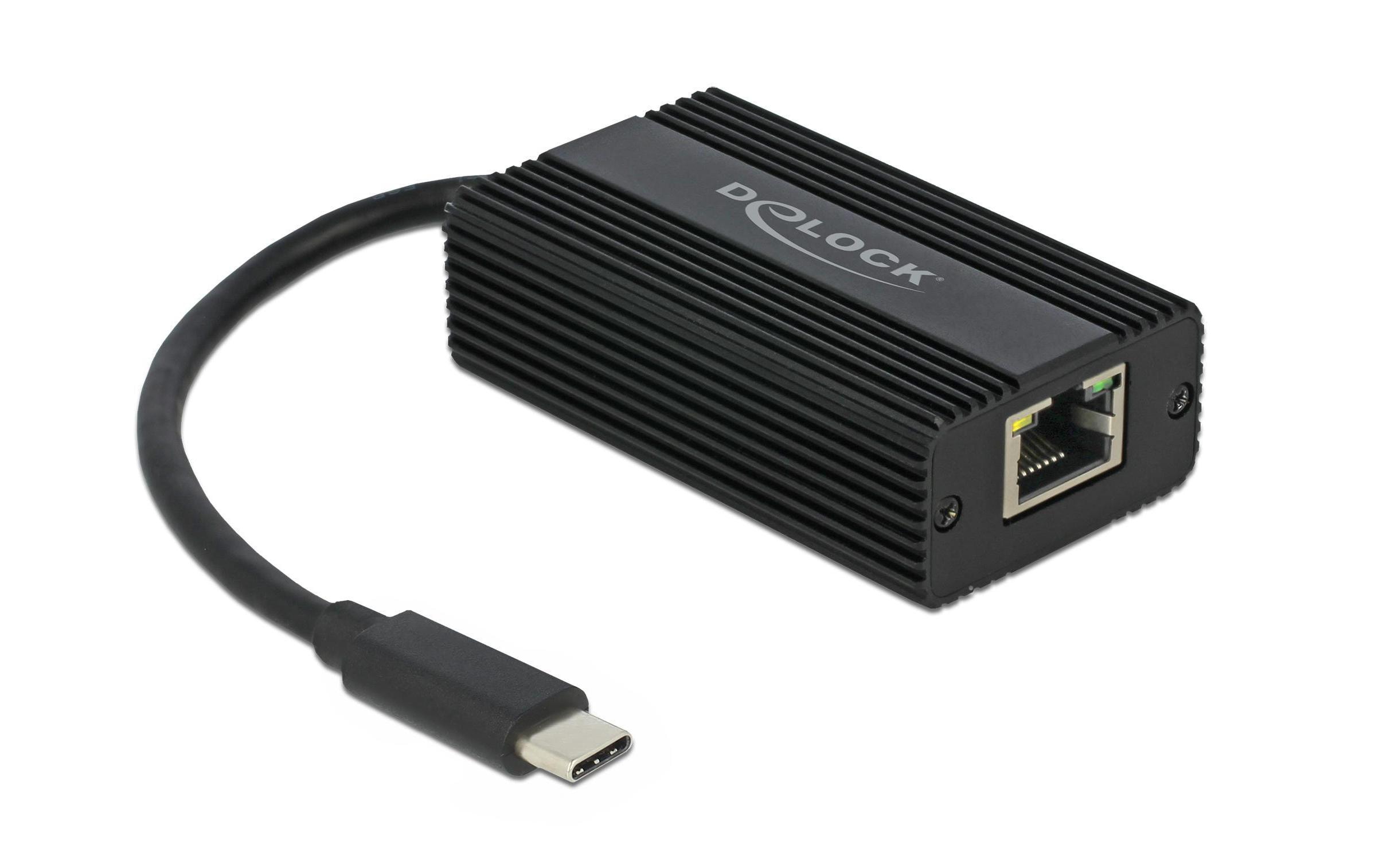 Netzwerk-Adapter USB-C - RJ45 2,5Gbps, Schwarz, MetalgehäuseDelock Adapter USB Type-C Stecker zu 2,5 Gigabit LAN mit robusten Metallgehäuse