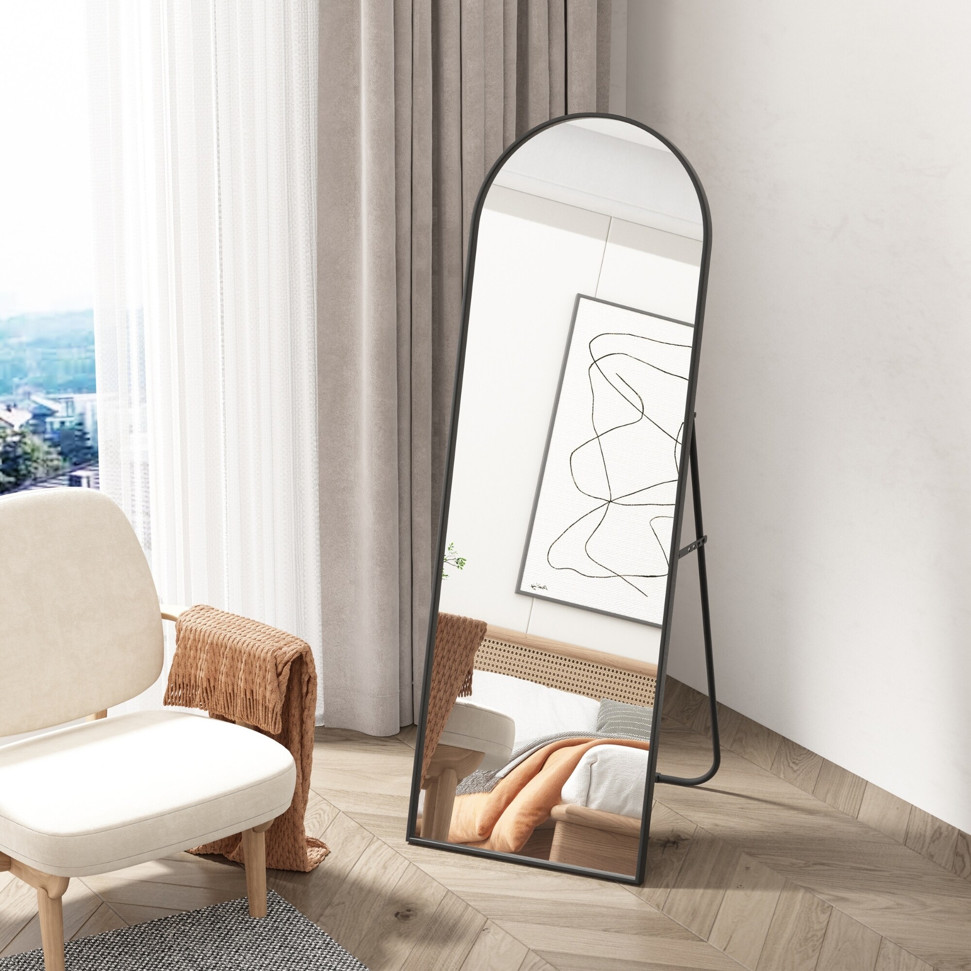 Albatros Ganzkörperspiegel – Bogen Spiegel mit schwarzem Rahmen - Standspiegel oder großer Wandspiegel im modernen Design, 150 x 50 cm groß – hochwertiges und nachhaltiges Glas