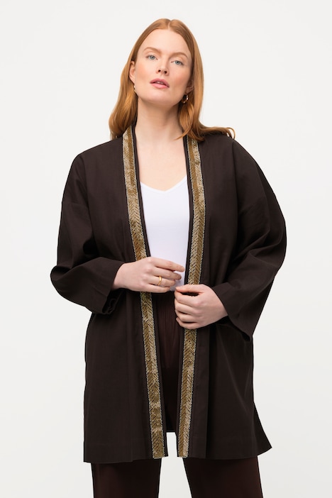 Kimono-Jacke, Schalkragen, Leinenmix, Perlenborte