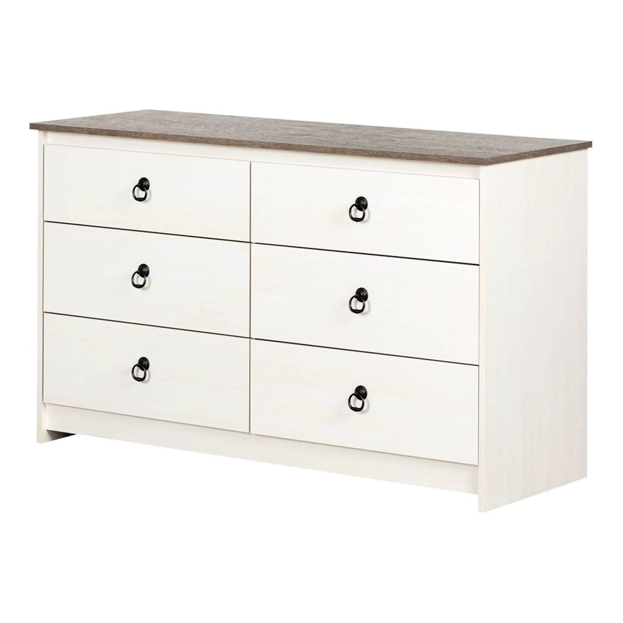 South Shore Commode Plenny de Rangement Double avec 6 Tiroirs - Blanc Antique  Chêne Rustique
