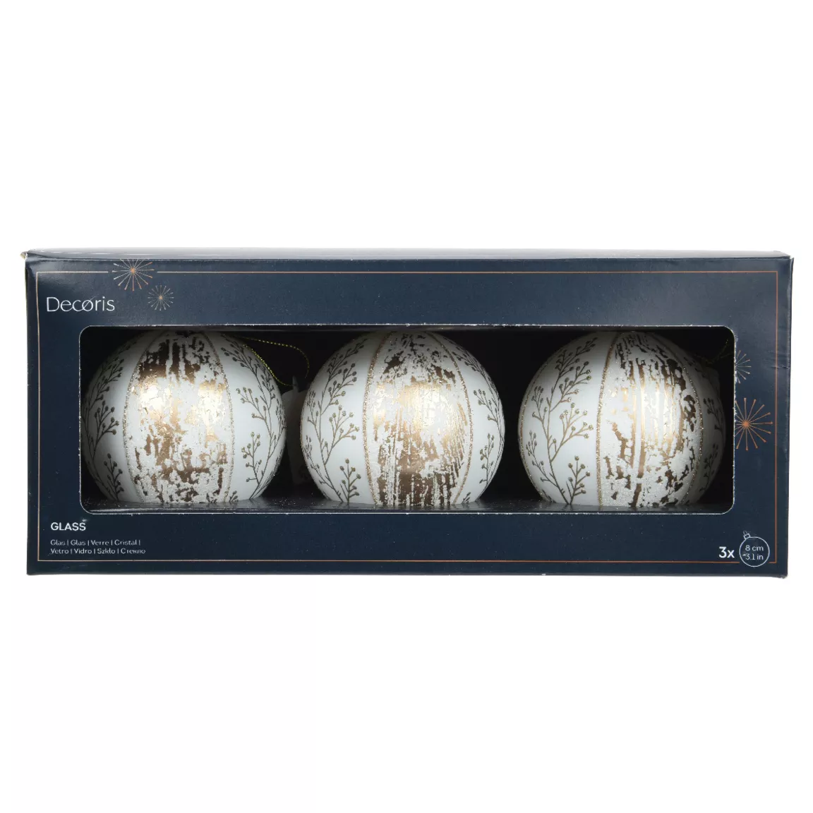 Lot de 3 boules de Noël en verre (D80 mm) Nature Blanc d'hiver