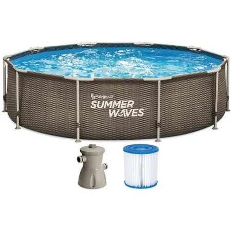 Summer Waves Frame Active Pool Dunkles Doppel-Rattan 305 x 76 cm mit Filterpumpe