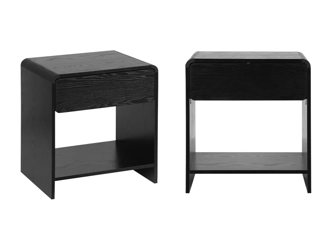 Lot de 2 tables de chevet contemporaines noires au design arrondi. avec 1 tiroir et 1 étagère pratique