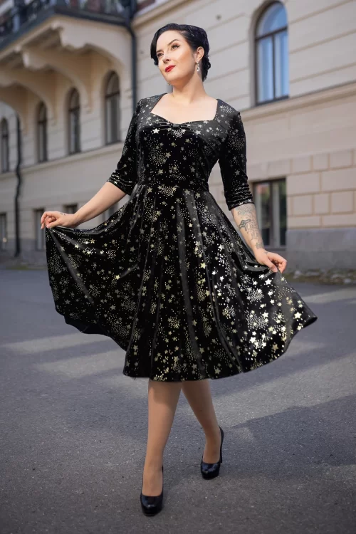 Topvintage Boutique Collection Topvintage exclusive ~ Eliane Velvet Stars swing jurk in zwart